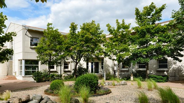 Fastighet med grönskande trädgård