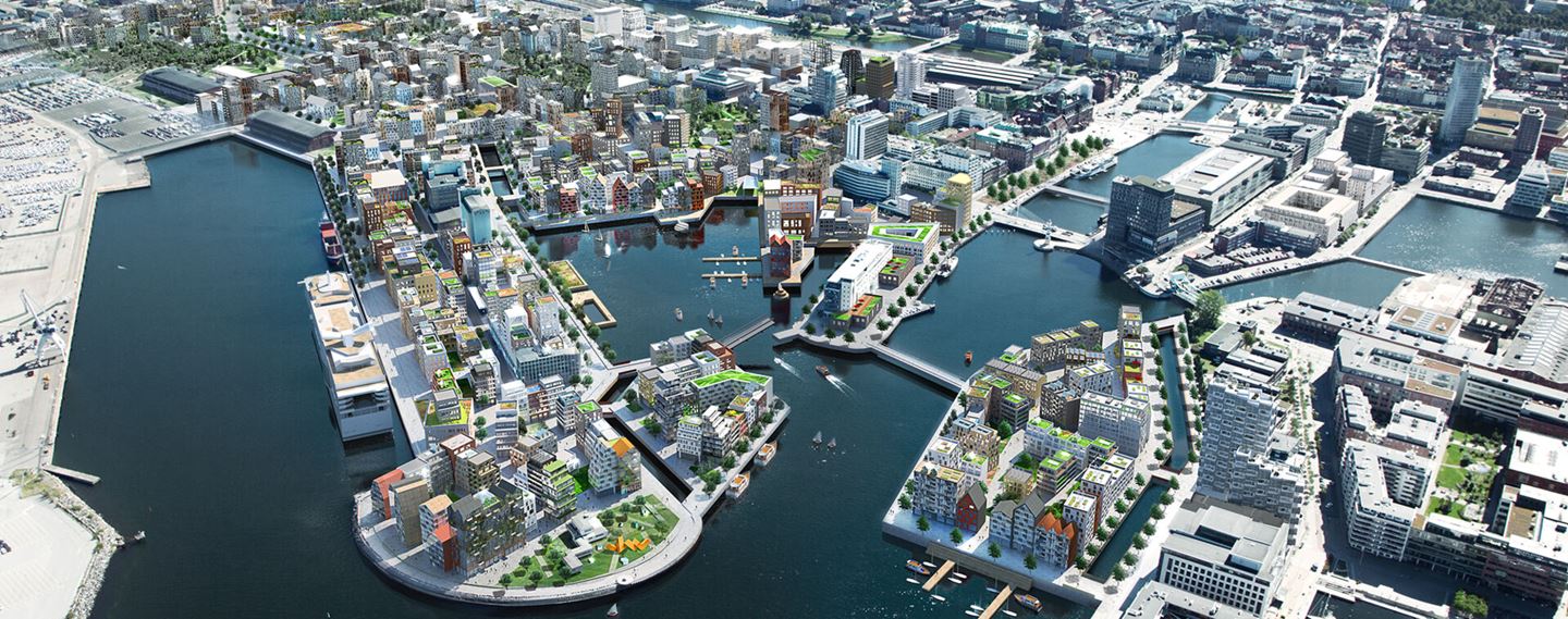 Visionsbild över Malmös nya stadsdel Nyhamnen. Foto: Malmö stad.
