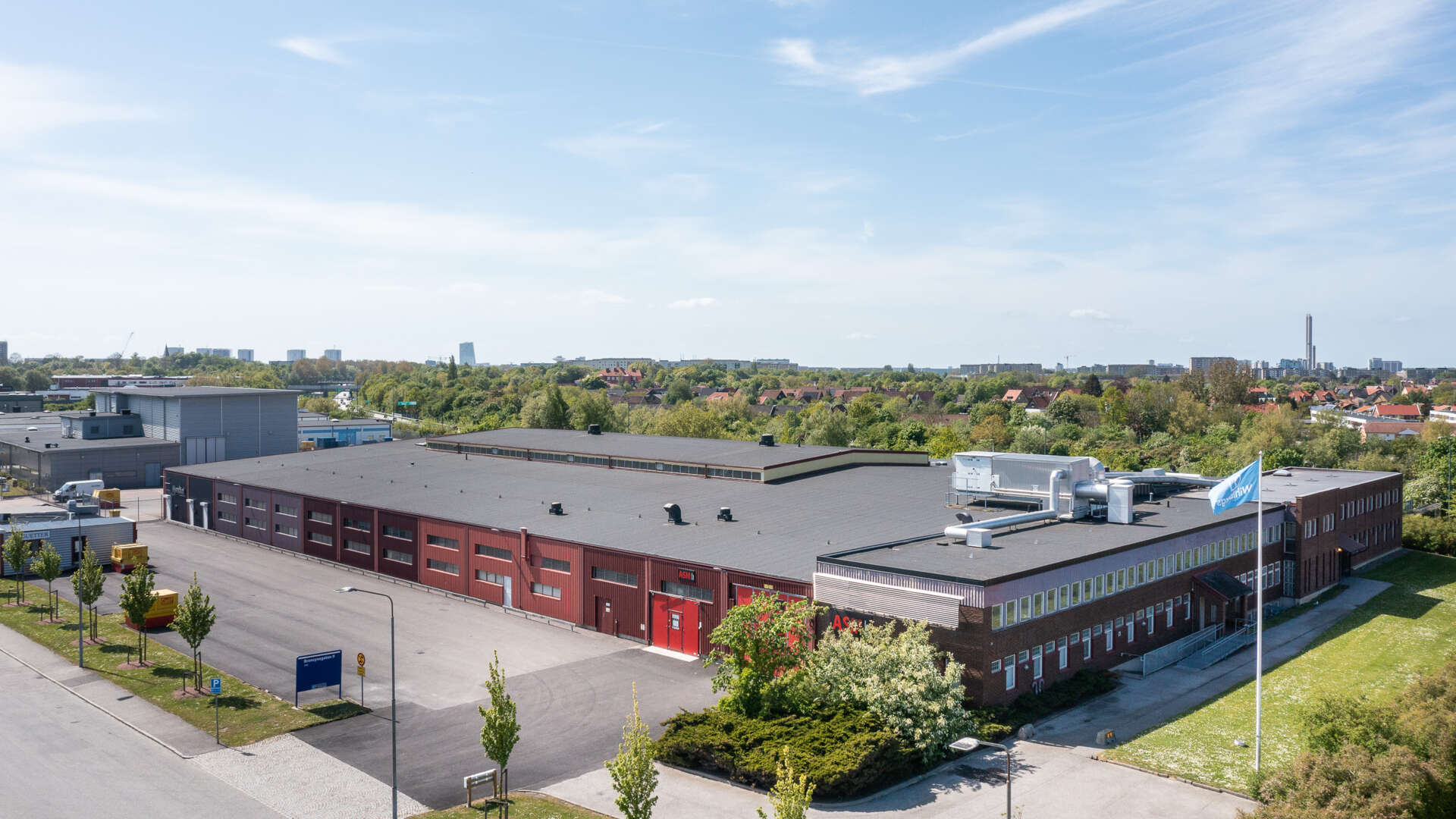 Fågelvy av industrifastigheten Trindyxan 3, fastighet på Bronsyxegatan 9 i Fosie Malmö